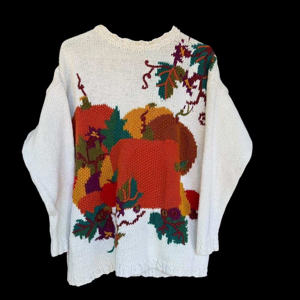 Vintage Colter Bay Sweater Women Large Pumpkin Harvest Fall Embroidered HandKnit